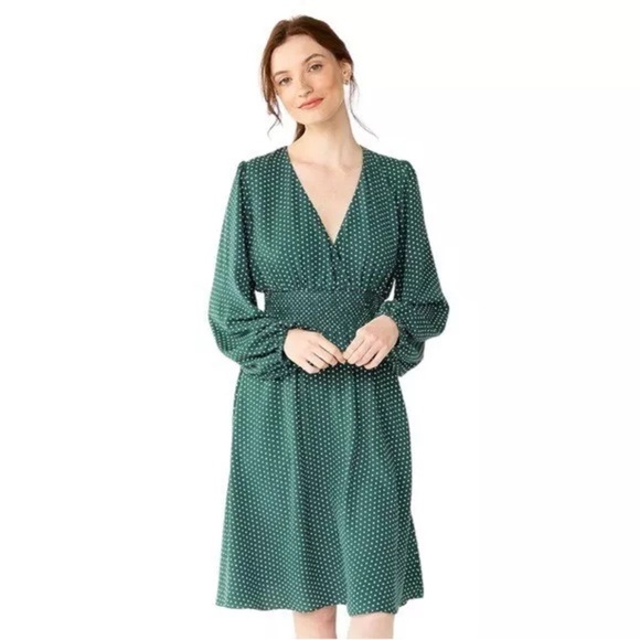 Draper James RSVP V-Neck Polka Dot Smocked Waist Mini Dress in Green/White 3X - Picture 1 of 12